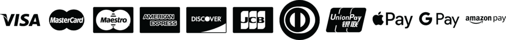 Visa, MasterCard, Maestro, American Express, Discover, JCB, Diners Club, UnionPay, Apple Pay, Google Pay and Amazon Pay accepted